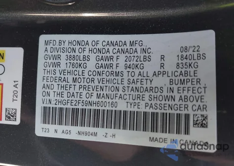 2022 Honda Civic Sport z USA, uszkodzony, nr VIN 2HGFE2F59NH600160